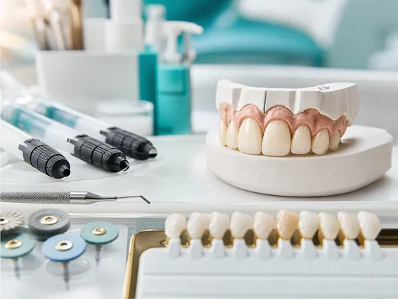 Front-teeth model with composite resin syringes and a shade guide