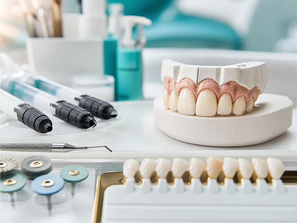 Front-teeth model with composite resin syringes and a shade guide