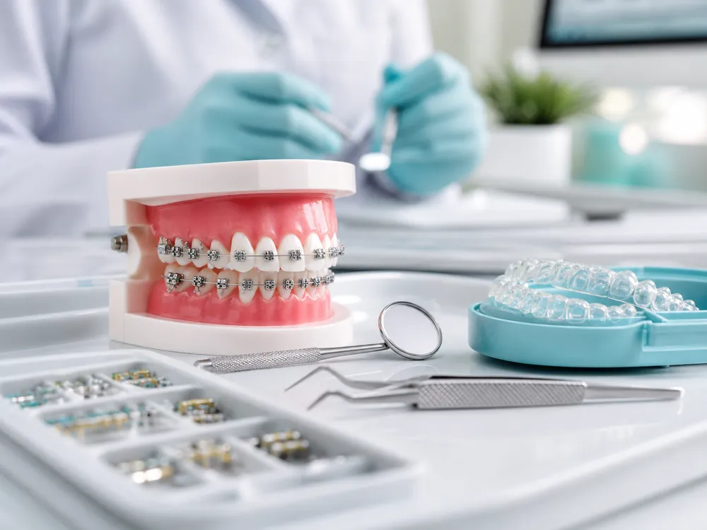 Model of teeth with metal braces next to clear aligners