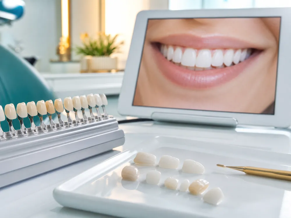 Shade guide and porcelain veneers in front of a smile on a tablet