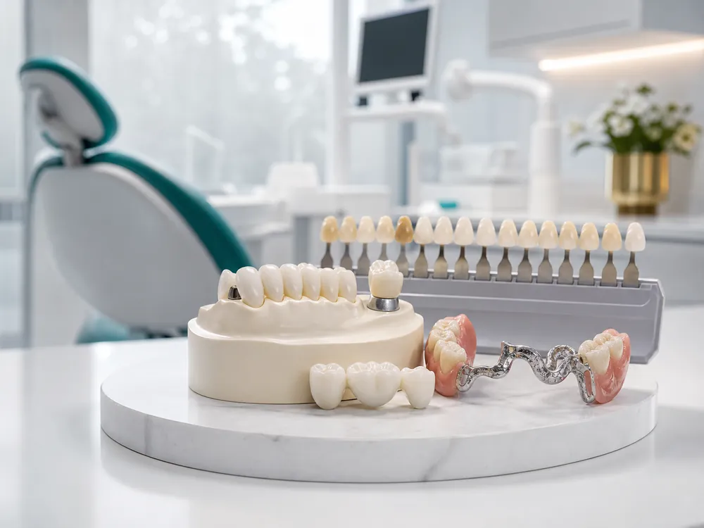 Dental crowns, a bridge and a partial denture on a model