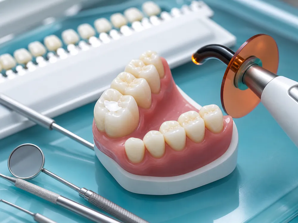 Curing light over a tooth-coloured filling on a dental model