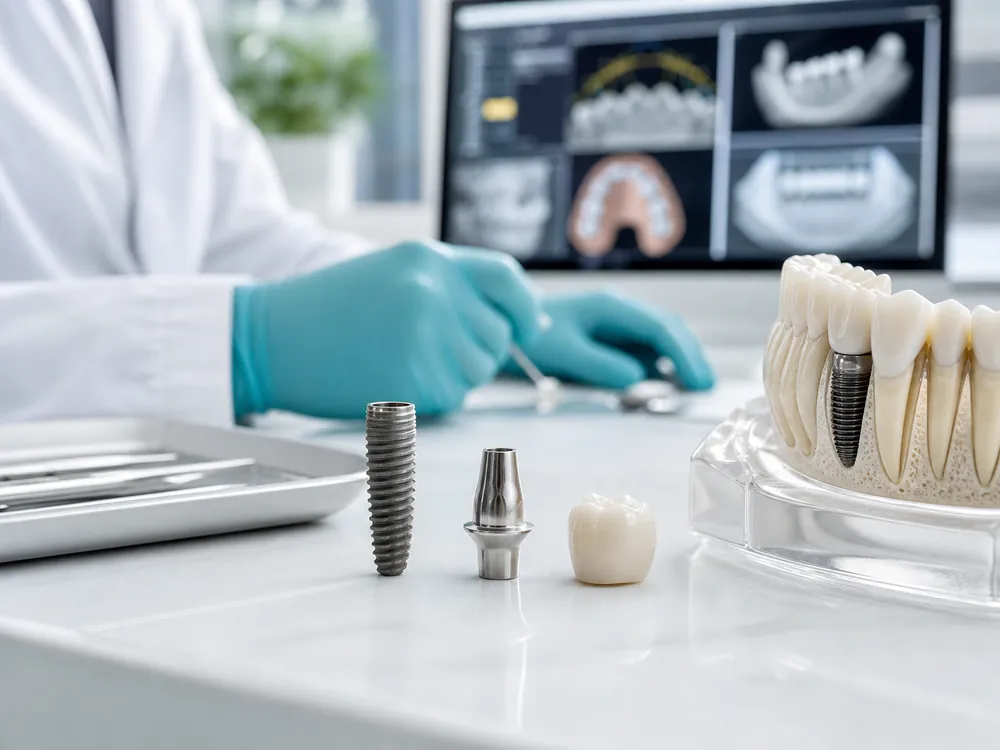 Dental implant post, abutment and crown beside a jaw model