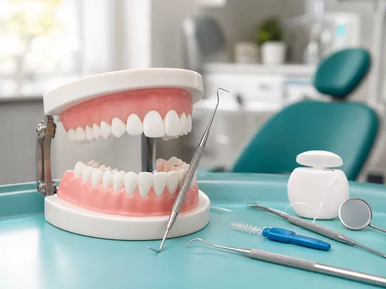 Jaw model with periodontal probe, floss and interdental brush