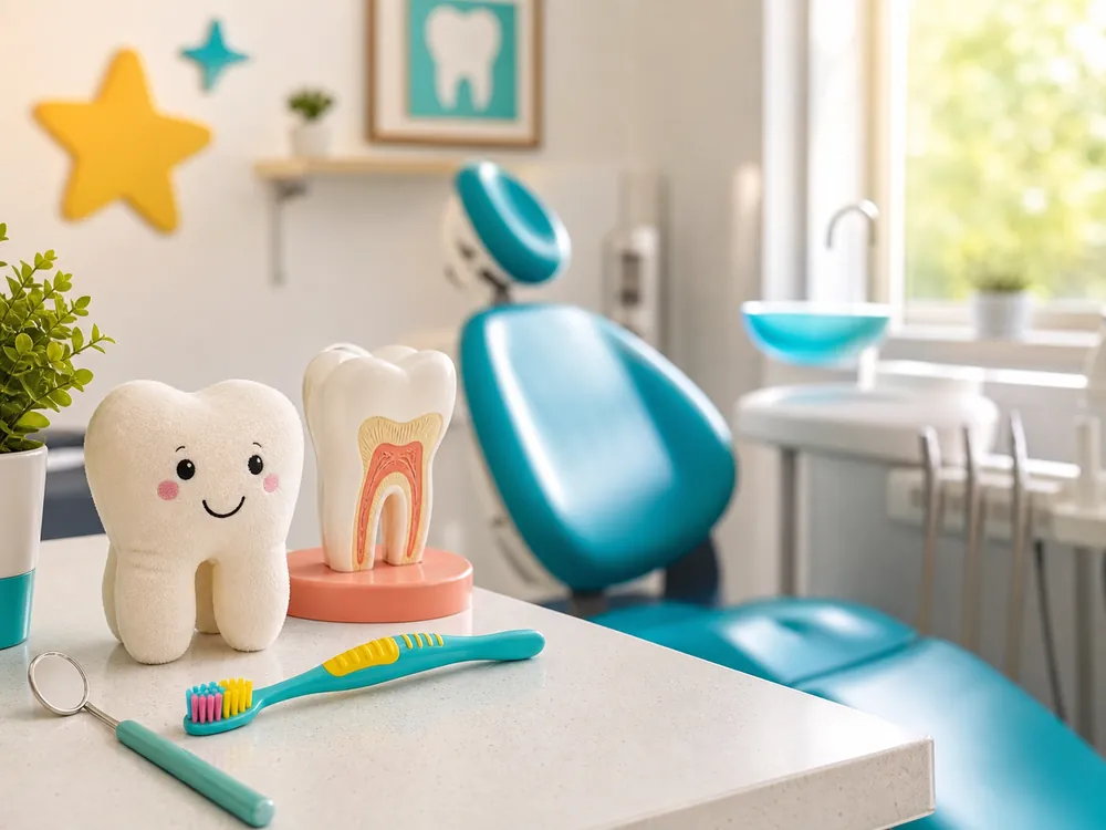 Child-friendly dental room with a smiling tooth toy and toothbrush