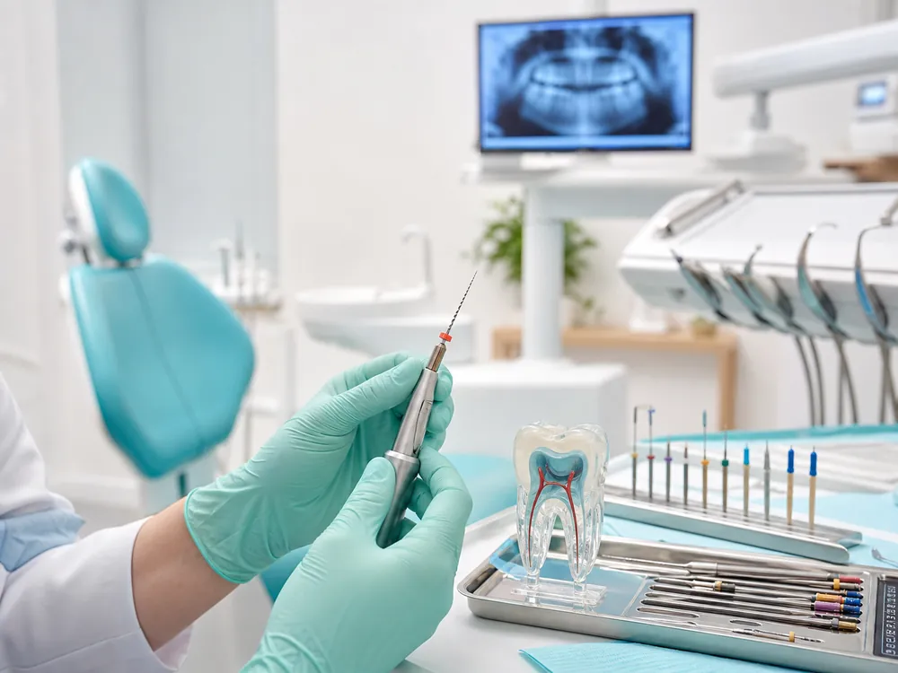 Gloved hands holding a root canal file beside a tooth cross-section model