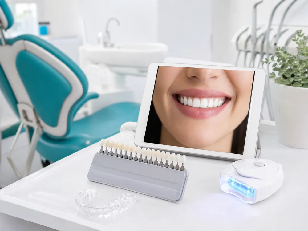 Teeth whitening light, shade guide and clear tray in a dental surgery