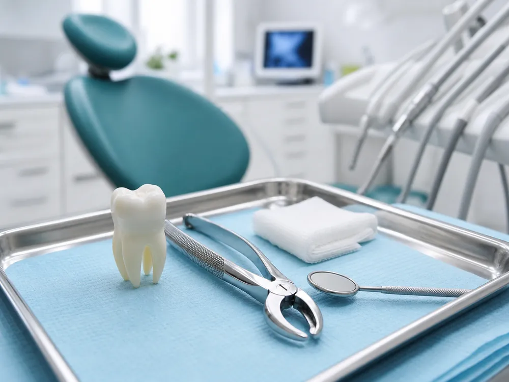 Extraction forceps and a molar model on a sterile tray